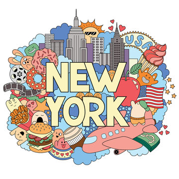 Vector doodle illustration showing Architecture and Culture of New York. Abstract background with hand drawn text New York. Template for advertising, postcards, banner, web design. Hand lettering