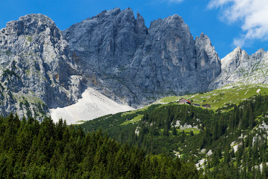 Austrian mountain landscape. View of  Kaiser Mountains. Austria, Tyrol, Wilder Kaiser, Gruttenhuette