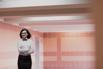 Modern business, female businessman is working in an underground passage over a new idea