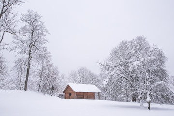 Fototapeta na wymiar Old wooden house in Turaida castle park during the winter. Winter landscape. Sigulda Latvia