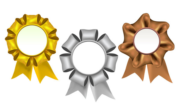 Vector award ribbons set rosette gold, silver, bronze for winners victory symbols template isolated on white background
