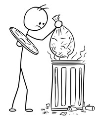 Vector Stick Man Cartoon of Men Throwing Waste Trash Bag in to Trashcan