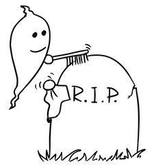 Vecto rCartoon of Ghost Cleaning up the Tombstone Grave