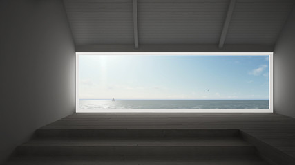 Big panoramic window with sea ocean background, summer scene, empty room interior design