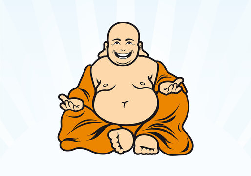 Happy Buddha vector. Buddha cartoon character. Illustration of sitting Buddha