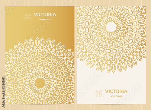 "A4 format cards decorated with mandala in golden colors 