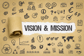 Vision & Mission / Papier mit Symbole - obrazy, fototapety, plakaty