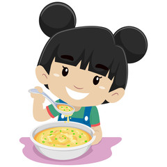 Vector Illustration of Little Girl Eating Soup