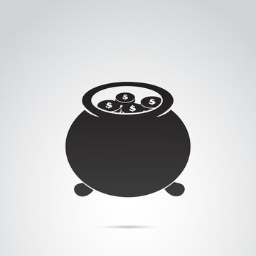 Cauldron with gold vector icon.