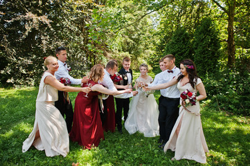 Elegance wedding couple with bridesmaids and best mans drinking champagne.