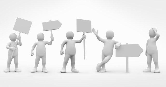 3d humans with signs over white background
