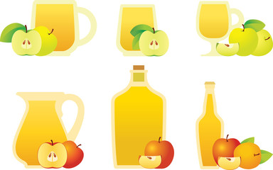 Apple cider in a different bowl with apples and leaves. Icons set for advertising, menu, restaurant, cafe
