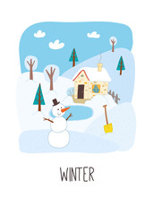 Winter card design. Winter landscape. Cartoon vector hand drawn eps 10 illustration.