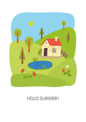 Hello summer card design. Winter landscape.