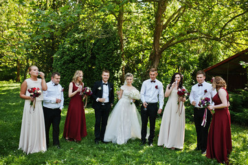 Elegance wedding couple with bridesmaids and best mans drinking champagne. Ten people.