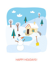 Happy holidays card design. Winter landscape.