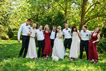 Elegance wedding couple with bridesmaids and best mans having fun. Crowd of friends on wedding. Ten...