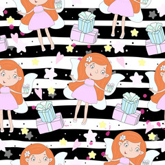 cartoon positive seamless pattern with cute girls