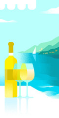 Terrace sea view. Bottle and two glasses of wine against the background of sea bay. Flat style vector landscape illustration. Design for banner, poster, tourism advertising or tasting invitation