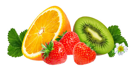 Fototapeta na wymiar Strawberry,orange and kiwi fruit isolated on white