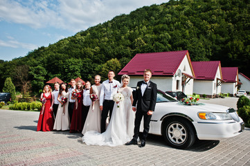 Stylish wedding couple with bridesmaids and best mans against wedding limousine. Ten people.