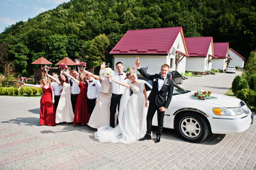 Stylish wedding couple with bridesmaids and best mans against wedding limousine. Ten people.