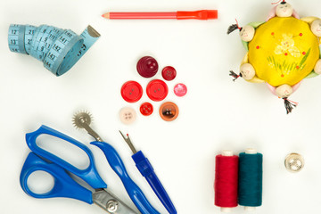 High angle view of a collection of sewing items