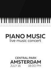 Fototapeta premium Piano concert poster design. Live music concert. Piano keys. Vector illustration.