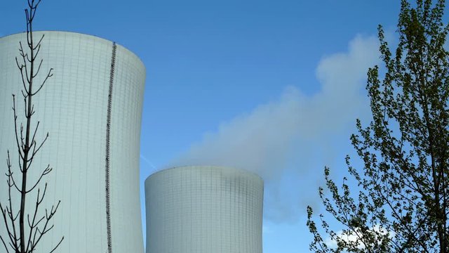 Industrial cooling towers on a bright sunny spring day with a tree on each side of the shot to frame the towers and the steam coming off of them.