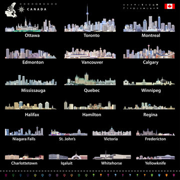 Canadian largest cities and all states capitals skylines in bright color palettes with map and flag of Canada