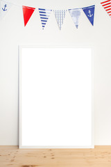 Mock up poster in a white frame on white background with garland