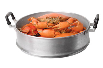 Steamed crabs in streamer isolated on white background.