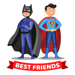 Two cartoon superheroes. Boys in colorful superhero costumes. Best friends. Vector illustration.