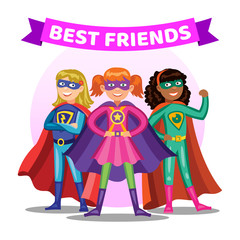 Three cartoon super heroines. Girls in colorful superhero costumes. Kids best friends. Vector illustration. - 143572246
