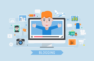 Blogging. Man blogger. Flat modern vector  illustration.