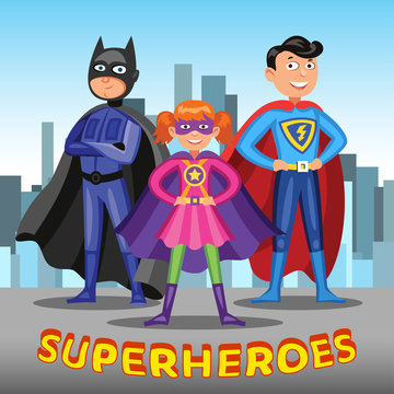 Three cartoon superheroes. Boys and girl in colorful superhero costumes on city background. Vector illustration.