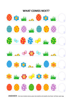 Easter themed educational logic game training sequential pattern recognition skills: What comes next in the sequence? Answer included.
