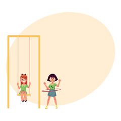 Two girls playing at playground, sitting on a swing and spinning hula hoop, cartoon vector illustration with space for text. Girl friends having fun at playground, summer activity concept