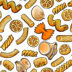 Seamless pattern, backdrop design of uncooked Italian pasta, sketch vector illustration on white background. Hand drawn Italian pasta seamless pattern for banner, wrap, textile design