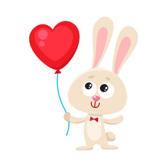 Cute and funny rabbit, bunny holding red heart shaped balloon, cartoon vector illustration isolated on white background. Rabbit, bunny holding heart balloon, easter, birthday greeting decoration