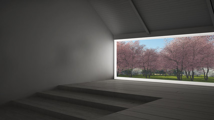 Big panoramic window with spring garden with pink flowers trees, empty room interior design