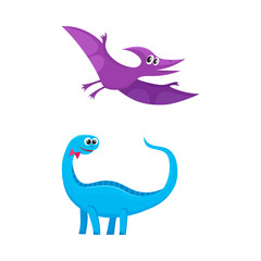 Two funny baby dinosaur characters - brontosaurus and pterodactyloidea, cartoon vector illustration isolated on white background. Happy smiling brontosaurus and pterodactyloidea dinosaur characters