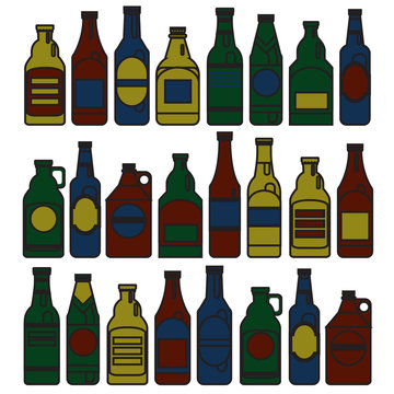 Beer bottles vector collection. Composition of complex beer bottle different shape. Style of modern art bottle beer.