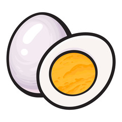 Boiled, peeled chicken egg, whole and cut in half, sketch style vector illustration isolated on white background. Hand drawn, sketched illustration, whole and half of hard boiled chicken egg