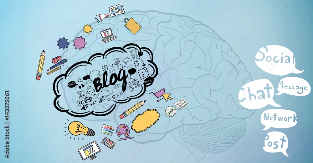 Aufkleber 3d image of brain with various icons and speech bubbles