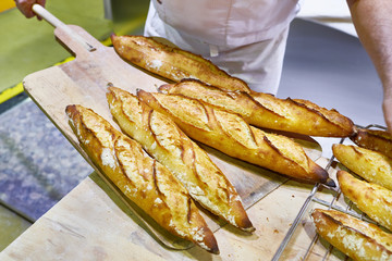 Freshly baked bread on wooden shovel in bakery