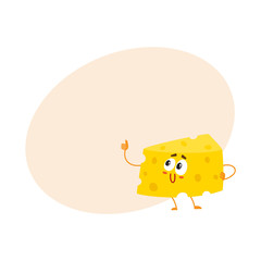 Funny cheese chunk character showing thumb up, good quality concept, cartoon vector illustration with space for text. Funny cheese piece character, mascot with human face giving thumb up