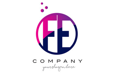 FE F E Circle Letter Logo Design with Purple Dots Bubbles