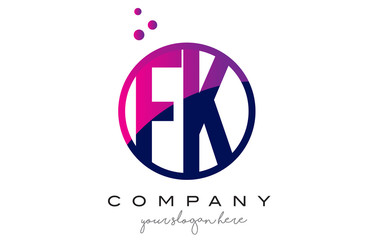 FK F K Circle Letter Logo Design with Purple Dots Bubbles