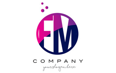 FM F M Circle Letter Logo Design with Purple Dots Bubbles